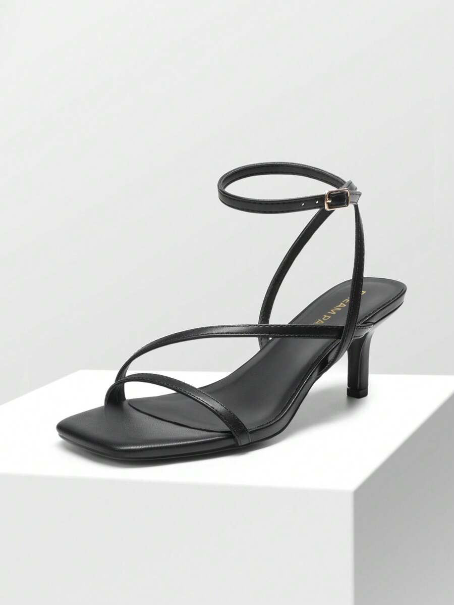 Women Minimalist Low Kitten Heeled Sandals Open Square Toe Ankle Strap Sexy Dress Shoes For Autumn Wedding Party Prom Wearing - 黑色 - 查看 1