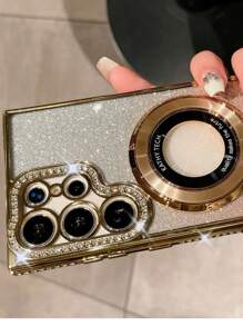 1pc Luxury Plating Gradient Glitter Diamond Stand Holder Phone Case Compatible With Samsung S24 S25 Ultra S24 Plus S23 Ultra S22 Ultra S23 A15 A55 Wireless Charging Camera Protective Shockproof Cover