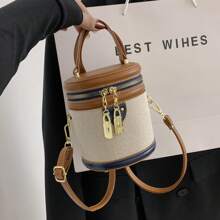 Mini bolso tipo cubo retro redondo - Contraste de color vibrante, diseño de bandolera elegante - Bolso cilíndrico versátil para un estilo moderno