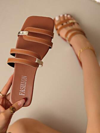 女士时尚休闲露趾平底凉鞋，轻便防滑户外室内拖鞋