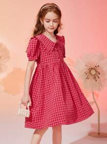 ASK JUNIOR Vestido casual de verano con mangas abullonadas a cuadros para niñas preadolescentes