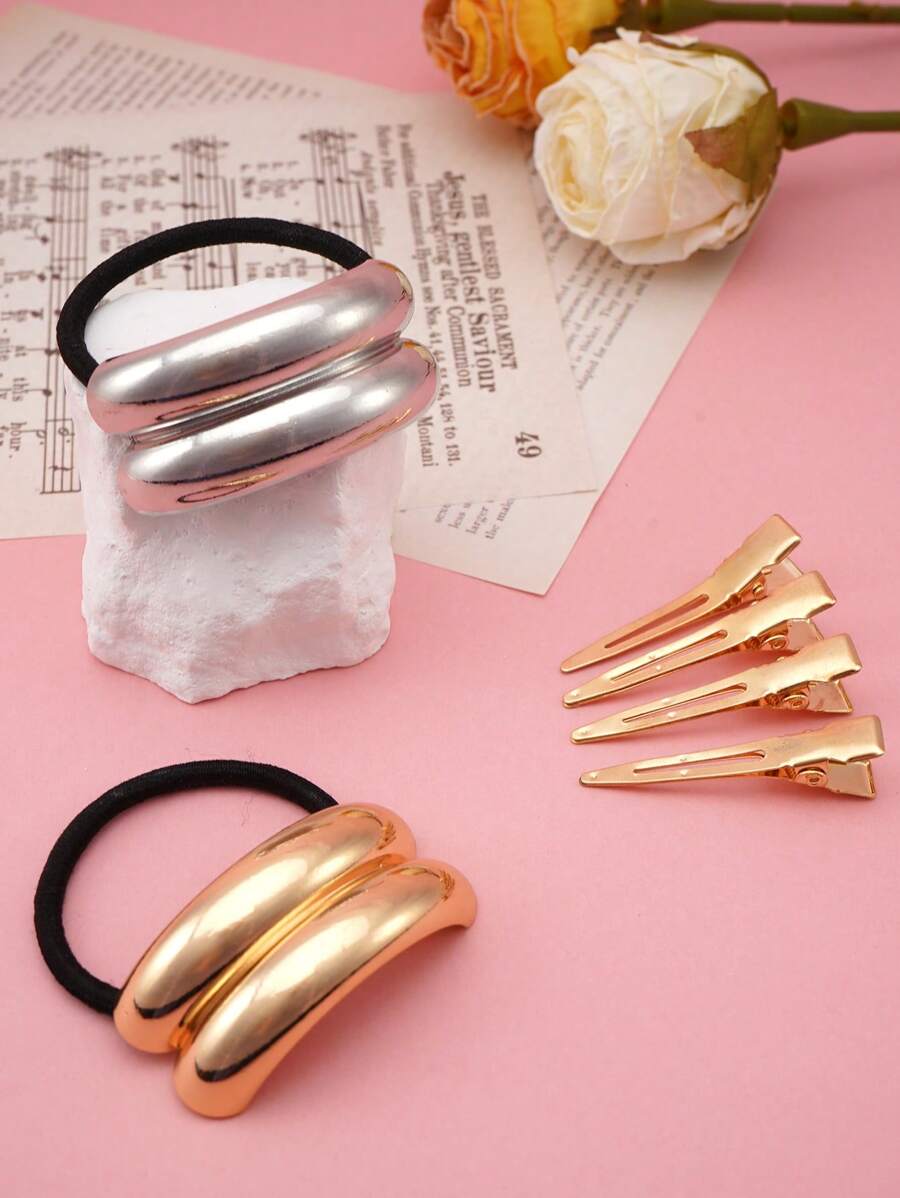 Set de 3 ligas para el cabello metálicas doradas y plateadas con formas geométricas, elegantes y versátiles