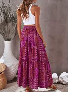 Women's New Bohemian Style High Waist Skirt, Loose Casual Elegant Color Block Floral Print Patchwork Lace Hem Skirt, Spring/Summer - Màu đỏ tím - Xem 7