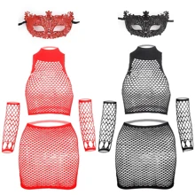 5pcs Women's Party Event Outfit, Red Fishnet Ultra Short Playsuit & Mask Set For Night Club Stage Performance - A - View 7
