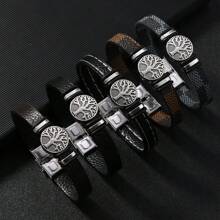 1pc Fashionable Titanium Steel Handmade Men's Stainless Steel Tree Of Life Leather Bracelet Jewelry - Multicolor - View 1