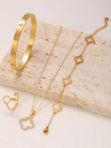 Shiny Fashion 4-Piece Stainless Steel Cubic Zirconia Clover Women Jewelry Set, Including Bracelet, Bangle, Necklace, Ring - Yellow Gold - View 14