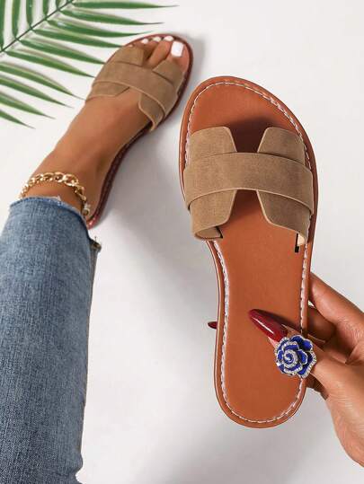 Ciabatte casual in stile coreano piatte per donna, con punta aperta, stile intrecciato romantico, adatte per primavera, autunno ed estate, sandali di moda da indossare con abiti, in spiaggia, in appartamento, colore marrone piatte