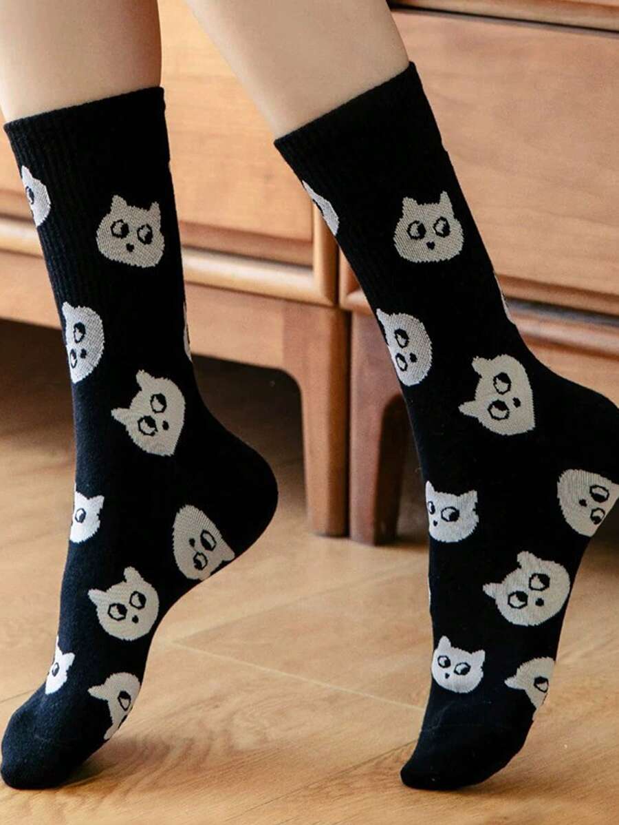 1 Pair Cute Cartoon Cat Mid-Calf Socks For Women