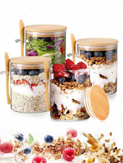 1pc/2pcs/4pcs 500ml/16.9oz Glass Sealed Jar,Overnight Oats Containers With Lids, Oatmeal Cups,Meal Prep Containers,Glass Meal Prep Containers With Lids,China Pudding Jars,Covered Glass Food Storage Container, Coffee Container Jar, Storage Container, Glass Jar, Wooden Covered Glass Jar,Oat Cup,Spoon Sealed Jar, Kitchen Glass Jar