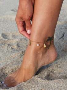 1 szt. Elegancki złoty łańcuszek na kostkę z zawieszkami w kształcie pereł i muszli, odpowiedni do noszenia na plaży przez kobiety