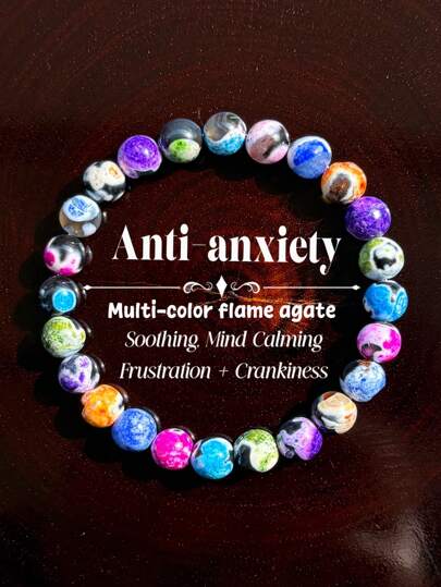 1pc 8mm Multi-Colored Agate Flame Beads Bracelet, Unisex Natural Style Jewelry Gift To Calm The Mind, Daily Wear