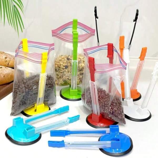 Suporte ajustável para sacos congelados, suporte para sacos plásticos de preparação de alimentos/sacos com fecho zip, saco para preparação de refeições/armazenamento de alimentos, utensílio de cozinha, para conter derramamento de alimentos ou bagunça na cozinha (7 cores)