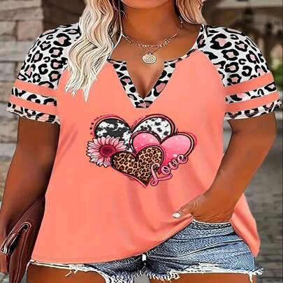 Plus Size V-Neck Short Sleeve T-Shirt, Women's Plus Size Ca…