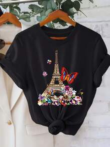 Fashionable Eiffel Tower Printed T-Shirt, Women's Top, Suitable For Outdoor Activities And Comfortable Daily Wear, T Shirts Women's Excellent Gift Choice