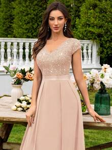 MIUSOL V-Neck Sequin Lace Short Sleeve Ruffle Hem Chiffon Maxi Dress, Elegant Women's Party Gown, Formal Evening Dress, Ball Gown, Suitable For Wedding Guests, Graduation Ceremony, Gala Dinner And Other Occasions, For Valentine's Day - Champagne - View 9