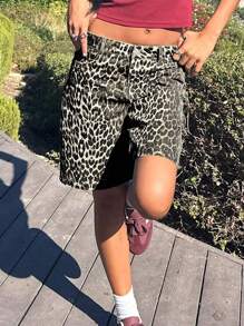 Short casual de mujer con bolsillo frontal y estampado de leopardo, para uso diario