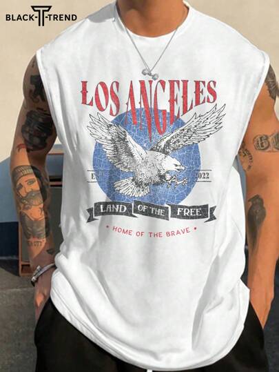 男士休闲鹰形字母印花上衣，搭配休闲裤，适合旅行/度假/户外露营/运动