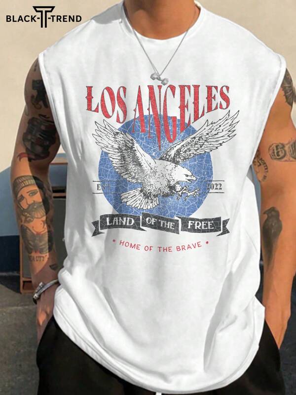 Chaleco casual de hombre con estampado de águila y texto, para usar con pantalones casuales, adecuado para viajes/vacaciones/camping al aire libre/deportes