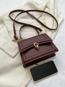 优雅纯色时尚手提包，复古女式翻盖钱包，PU 斜挎单肩包，带顶部提手