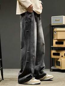 1 Stück amerikanischer Streetwear Stil Washed Patchwork Design Loose Fit Weite Bein Herren Jeans