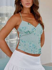 Women Y2K Aesthetic Tops Backless Camisole Summer Fairycore Flower Embroidered Tank Top Sleeveless Slim Crop Tops V-Neck Back Tie-Up Tops Halter Tops For Party Club Fairy Going Out Tops - màu xanh lá - Xem 2