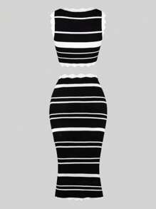 Apperloth A Bộ đồ hai mảnh phong cách Bohemian gợi cảm: Áo croptop hai dây dệt kim kẻ sọc tương phản cài cúc phía trước và chân váy maxi xếp ly ren móc, trang phục che chắn khi đi biển, đồ mặc đi nghỉ mát màu đen. - màu đen - Xem 3