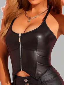 Corset cu fermoar cu bretele încrucișate din imitație din piele artificială sexy, fără spate