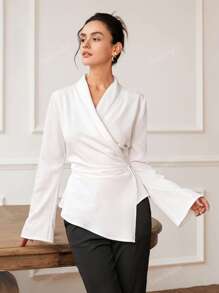 Blusa de manga larga con cuello en V y fruncido en la cintura para mujer, elegante y encantadora, ideal para verano