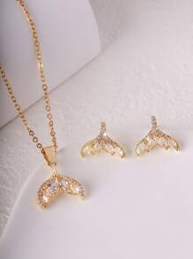 Zestaw 3 sztuk Vintage Miedziany Cyrkonia Rybi Ogon Wisiorek Naszyjnik i Kolczyki Zestaw Biżuterii Dla Kobiet, Luksusowy Elegancki Choker