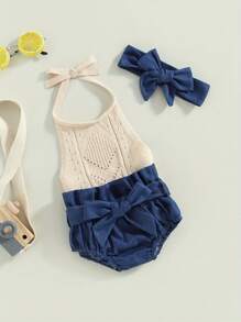 Newborn Baby Girl Clothes Tie-Up Halter Neck Knit Sweater Romper Bloomers Shorts Set Cute Baby Girl Summer Clothes - 藍色 - 查看 2