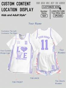 2pcs Personalized Tween Boys Basketball Jersey- Customized Text,Number And Logo Print Short Sleeve T-Shirt+Shorts Sports Set For Team Wear Spring/Summer - White - View 1