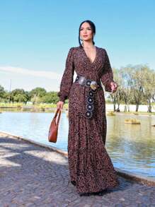 Elegant Printed Boho Chic Long Dress - Maroon - View 1