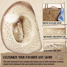 1 Hat And 4 Decorations Unisex Bead Decor Cowgirl Hat Hollow Out Summer Travel Shade Fedora Cowboy Hat Dyeing Wide Brim Printed Breathable With Beaded Trim Band Hand Woven Beach Hat Sun Hat Straw Hat - 米色 - 查看 4