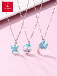 3 peças/Conjunto Colar Adorável com Pingente em Liga de Zinco em Estilo Gotejante Azul de Concha, Estrela do Mar e Sereia, Adequado como Presente de Joia Diária