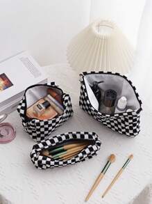 Checkered Knitted Fabric Corduroy Makeup Bag Cosmetic Bag Set For Women Checkered Travel Organizer Bathroom Toiletry Pouch Large Capacity Storage Bag