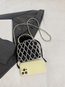 French Ladylike Handmade Woven Beaded Satchel Handbag, Pearl Decor Shoulder Crossbody Bag, Unique Small Hollow Rhombic Mesh Bucket Bag Design For Summer