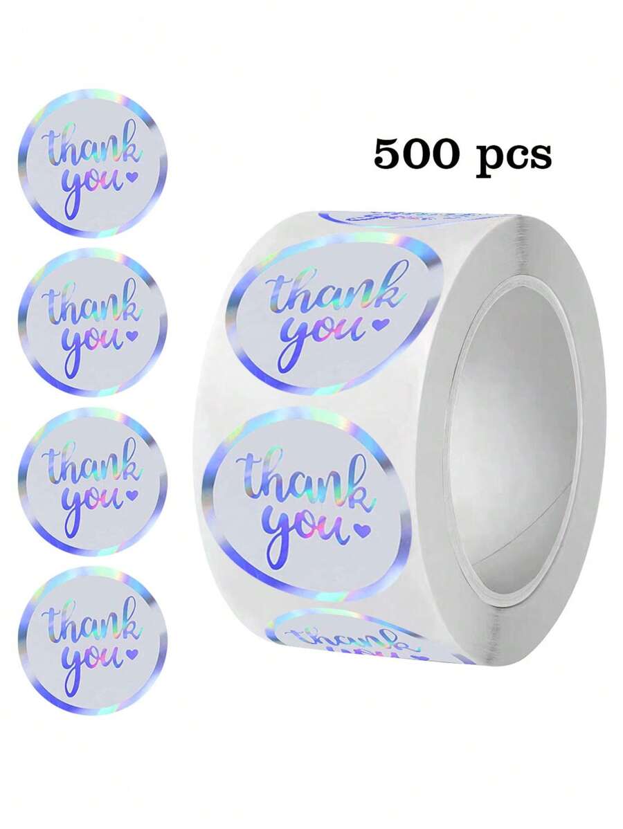 500 张/卷激光全息“谢谢”自粘贴纸，金箔礼品信封卡 DIY 装饰贴纸，PVC 非粘性封条贴纸 - 彩色 - 查看 1