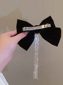 1pc Oversized Sparkling Rhinestone Tassel Velvet Bow Hair Clip, Elegant Top Clip Hairpin, Suitable For Half-Up Hairstyle, High Ponytail, Party, Wedding, Valentine's Day, Birthday - Ideal Gift