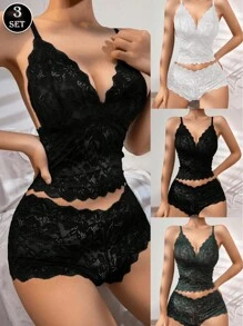 3SET Women's Long Non-Wired Lace Embroidered Flower Lingerie Bra Set - Multicolor - View 3