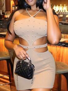 Backless Fitted Mini Dress With Cinched Waist And Shiny Velvet - Khaki - View 3