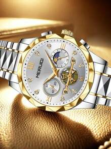 1 pieza Reloj de pulsera de cuarzo para hombres con correa de acero inoxidable, diseño de fase lunar, elegante y