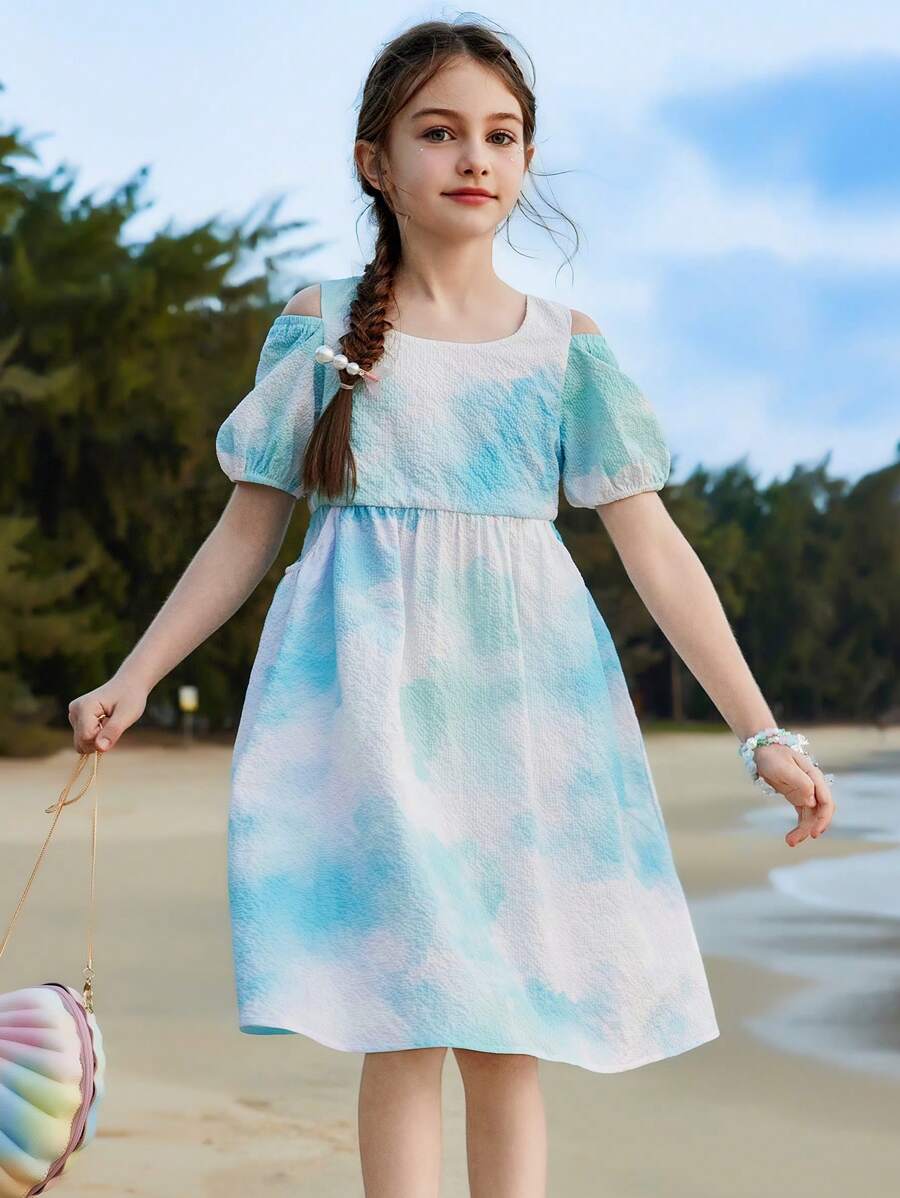 青少年女孩扎染印花露肩公主沙滩裙，度假风格 - 藍色 - 查看 1