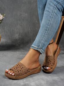 Women's Exported Cross-Stitched Metal Buckle Wedge Strap Sandals, Thick Sole Hollow Out Beach Slippers, Plus Size Wedge Platform Sandals