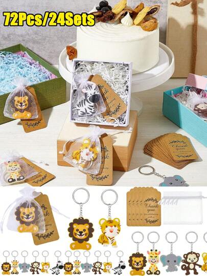 72 piezas - Llaveros con lindos animales de la jungla, recuerdos de fiesta de animales del zoológico con llaveros de animales, etiquetas de agradecimiento de papel kraft y bolsas de organza para decoraciones de baby shower, fiestas de cumpleaños, regreso a la escuela, cosas de la escuela para niñas/niños, mochilas, útiles escolares