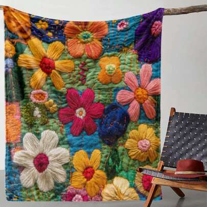 Embroidered Floral Print Blanket - Warm, Soft Flannel Throw For Sofa, Bed, Car, Office, Camping, Travel - Vintage Style, All-Season Gift Blanket, Multicolor