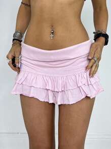 Women Pleated Skorts Low Waist Embroidery Letters Layered Summer Shorts Clubwear - 粉色 - 查看 1