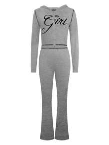 LovelyWholesale 女士休闲连帽领可爱字母印花拉链短款开衫T恤喇叭裤春季套装