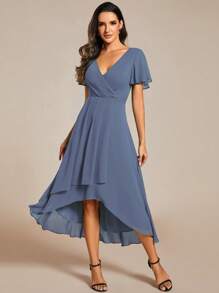 Vestido de dama de honor de gasa con bajo a media pierna, corte evasé y volantes, contraste de color, azul pizarra, para invitados de boda - Neblina azul - Ver 7