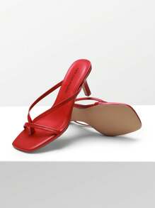 Women Comfortable Kitten Low Heel Thong Heeled Sandals Fashion Square Open Toe Comfort Shoes For Party Casual Slides - 紅色 - 查看 5