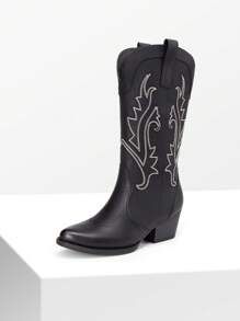 Women's Western Cowboy Boots Slip On Fashion Embroidery Pointed Toe Low Heel Chunky Outdoor Commuter Mid-Calf Black Boots - 黑與白 - 查看 2